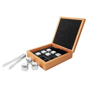 Bamboo Whiskey Stone Set with 9 Stainless Steel Stones and Tongs