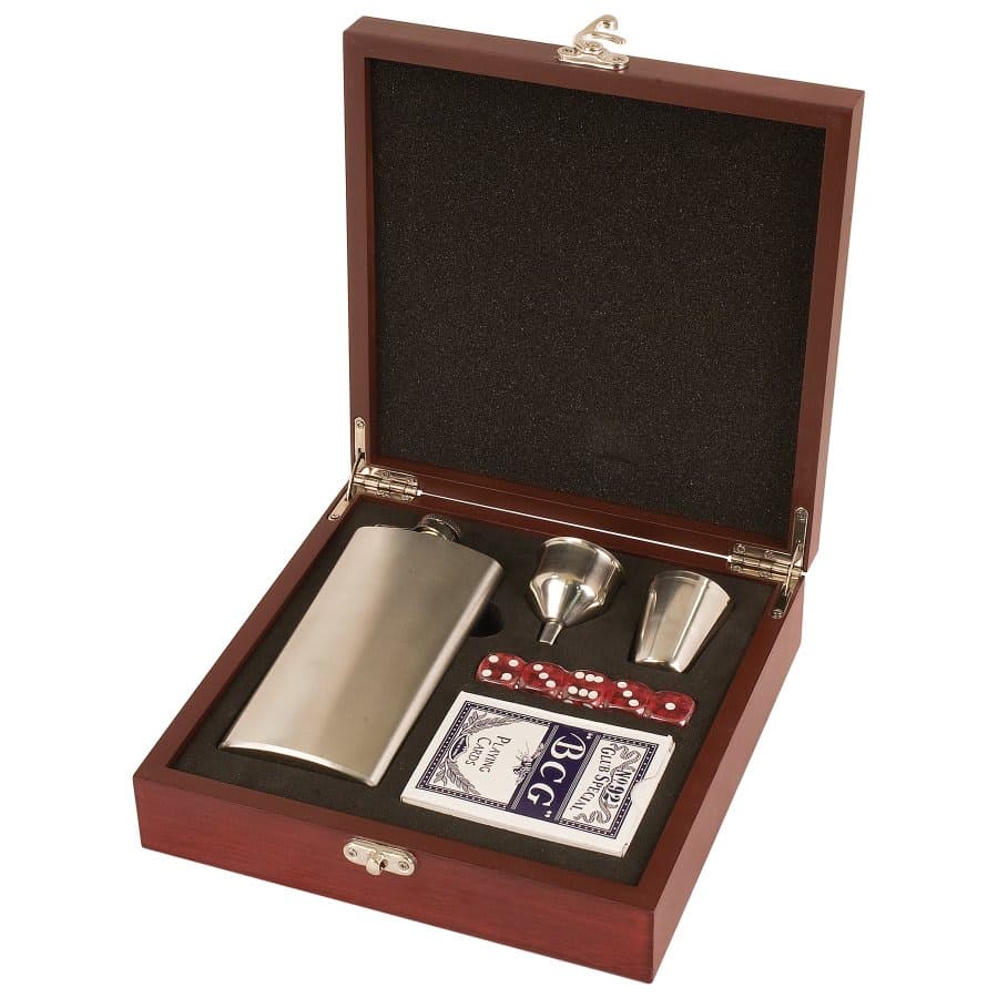 Rosewood Finish Flask Set with Cards & Dice