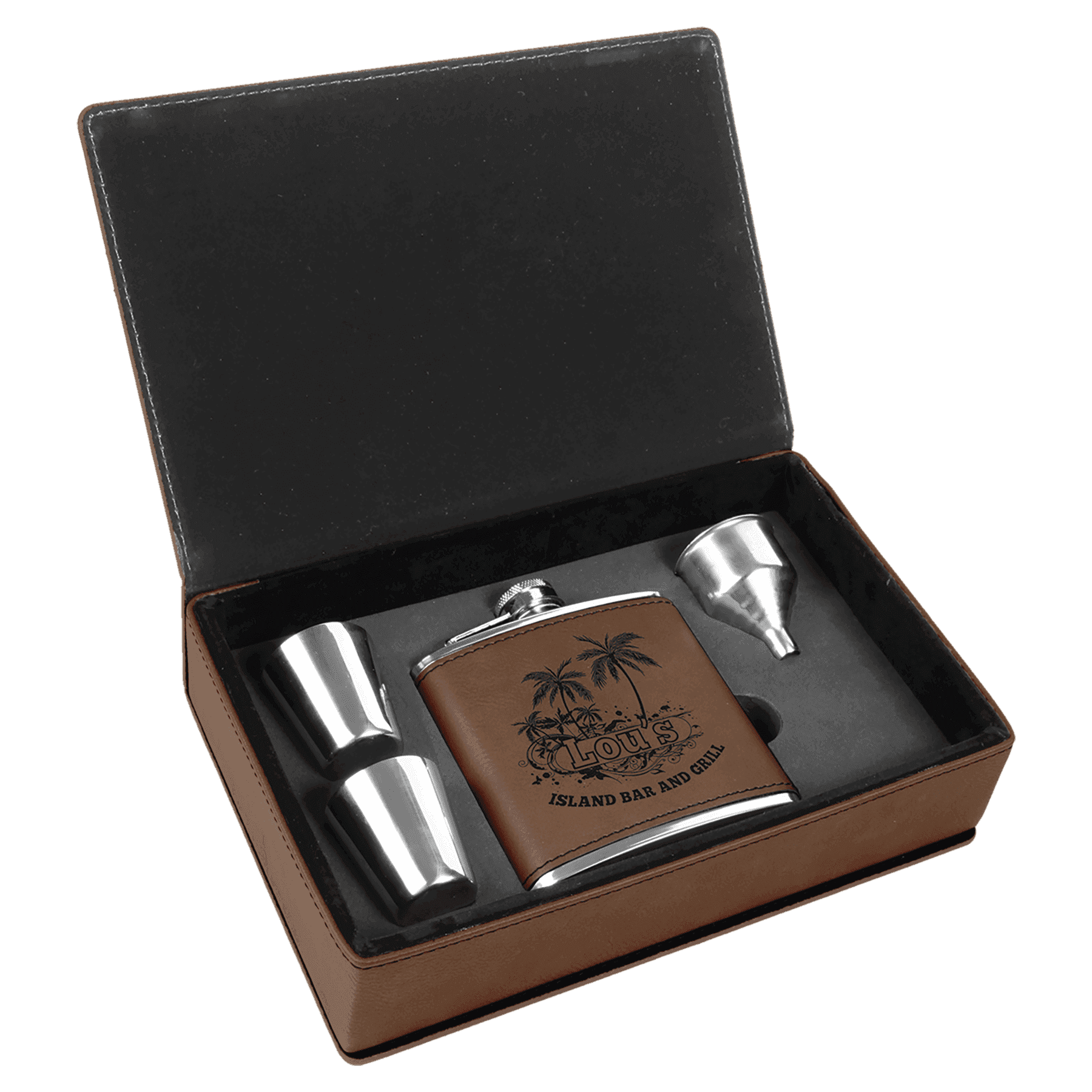 6 oz. Leatherette Flask Gift Set - Dark Brown