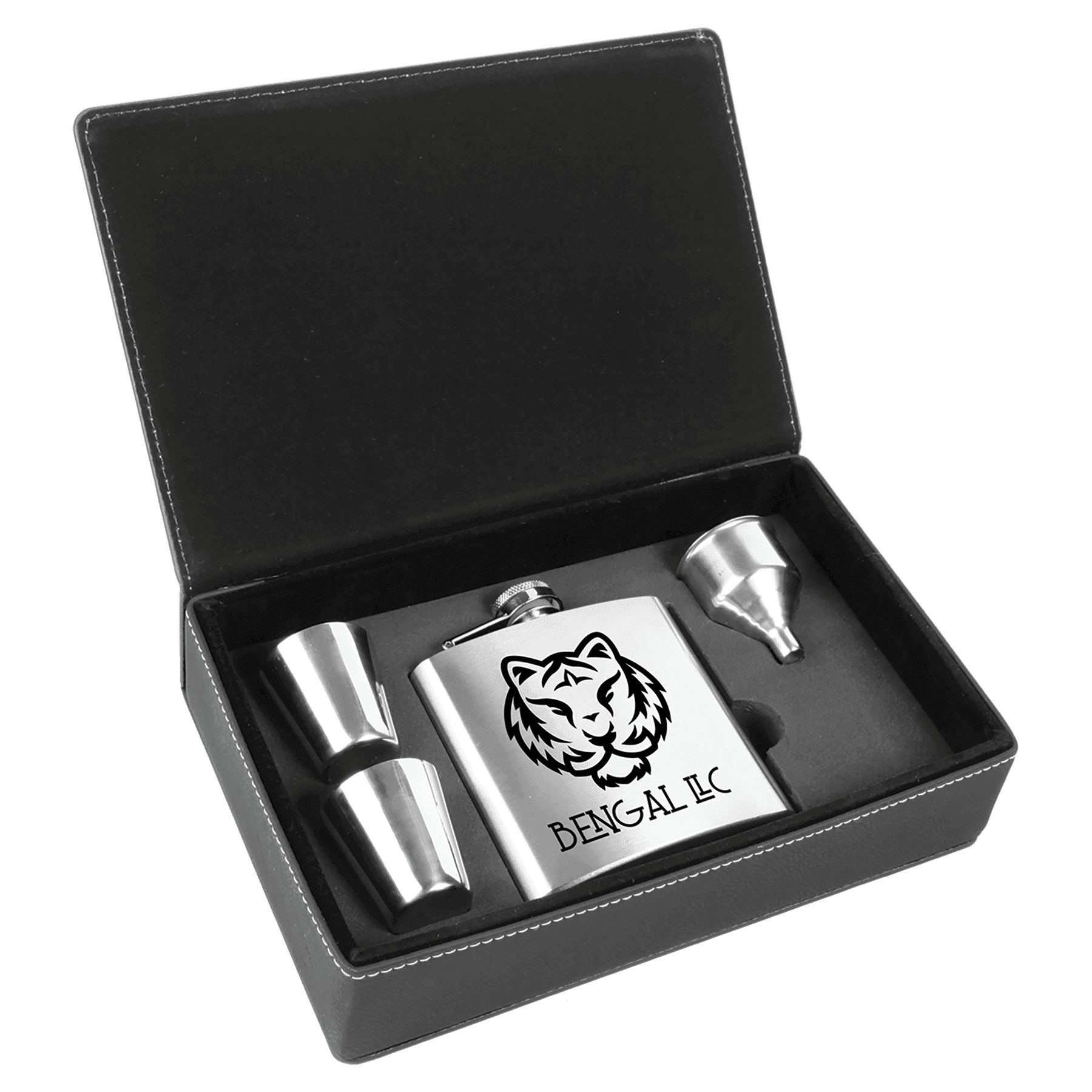 6 oz. Flask Set in Black/Silver Leatherette Box - Stainless Steel Flask